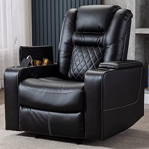 CANMOV Electric Power Recliner Chair with USB Ports and Cup Holders, Breathable Leather Home Theater Seating with Hidden Arm Storage (Black) Cover