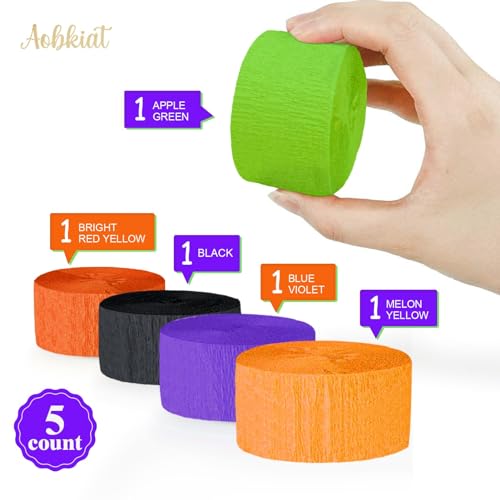 Image of AOBKIAT Halloween Streamers Party Decorations,in Orange Purple Black Green | 5 Rolls Crepe Paper Streamers for Halloween Thanksgiving Party Backdrop,DIY Tassel,Craft,1.8 inch X 82 ft /Roll