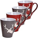matches21 Tassen Kaffeetassen Weihnachten Hirsch uni & Hirsch Schneeflocken grau rot Steingut 4er Set / 10 cm / 200 ml