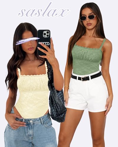 Saslax Women's Sexy Square Neck Lace Sleeveless Bodysuit Tank Tops Double Lined Body Suit Thong Outfits