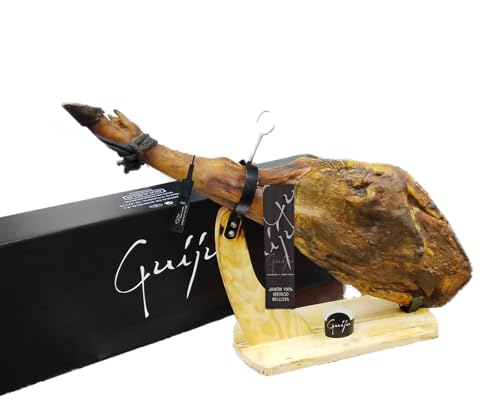 Guijú Jamón Ibérico de Bellota 100% Pata Negra, 8 kg, Pack Regalo con Jamonero y Cuchillo.