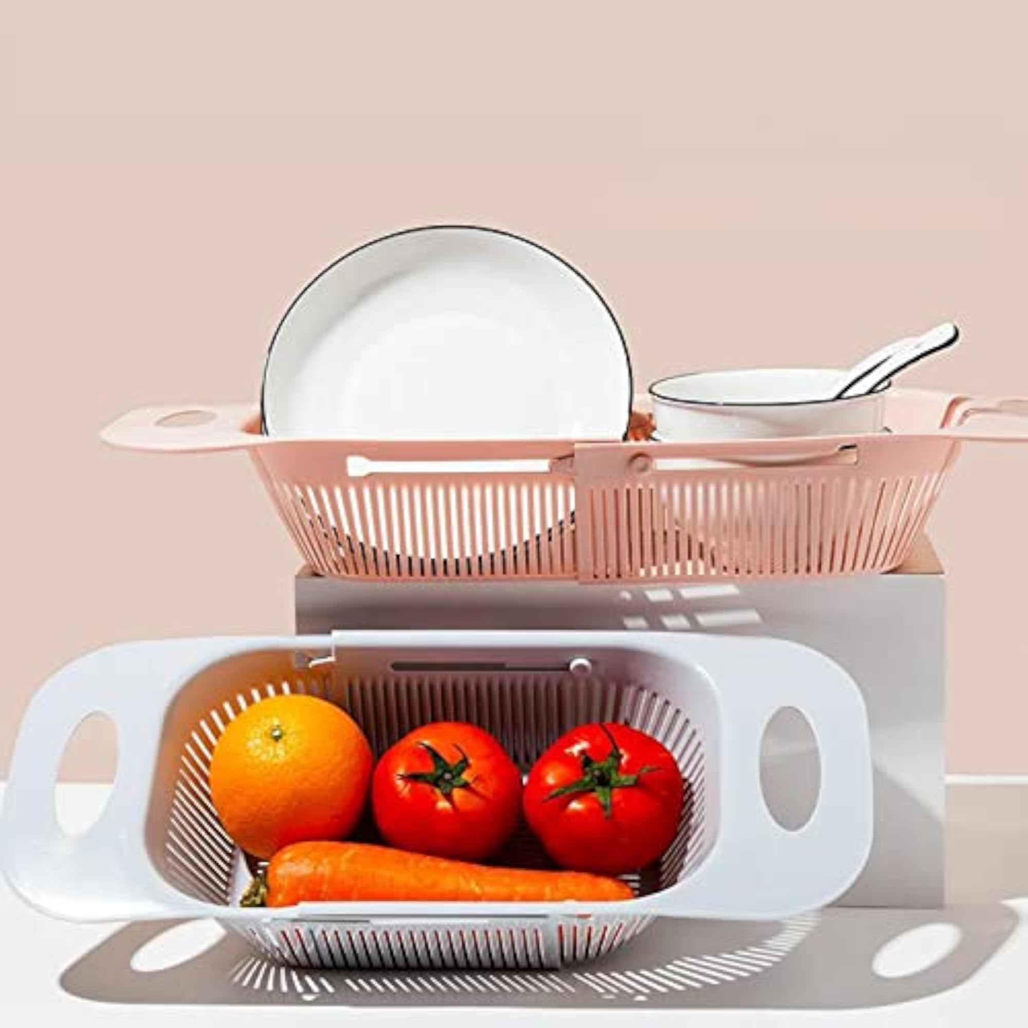 Over The Sink Colander Strainer Basket, Extendable Beige
