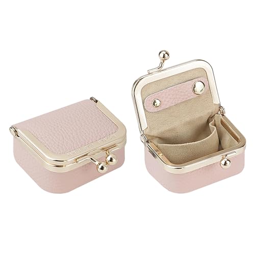 Royal Bagger Genuine Cow Leather Mini Jewelry Box Women's Coin Purse Solid Color Kiss Lock Change Pouch Casual Style Small Storage Bag for Women 1894 (Pink)