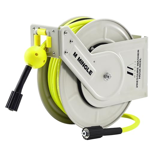 M MINGLE Retractable Pressure Washer Hose Reel 1/4 60ft Power Washer Hose Reel Auto Rewind Hose Reel Wall/Floor Mounted 3600 PSI