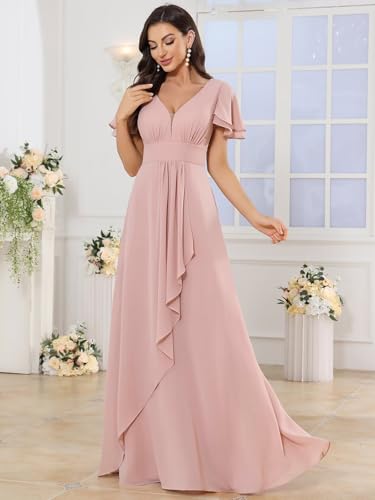 V Neck Bridesmaid Dresses for Women Modest Short Sleeve Chiffon Ruched Formal Party Dress3