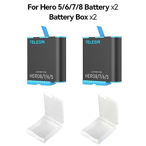 TELESIN Triple Charger Battery Charging Box with 2 Battery Pack, Storage Cases, USB Type-C Cable, Camera Lens Cover, Screen & Lens Protector 6 in 1 Accessory Kit for Go Pro Hero8 Black,Hero7/6, Hero 5