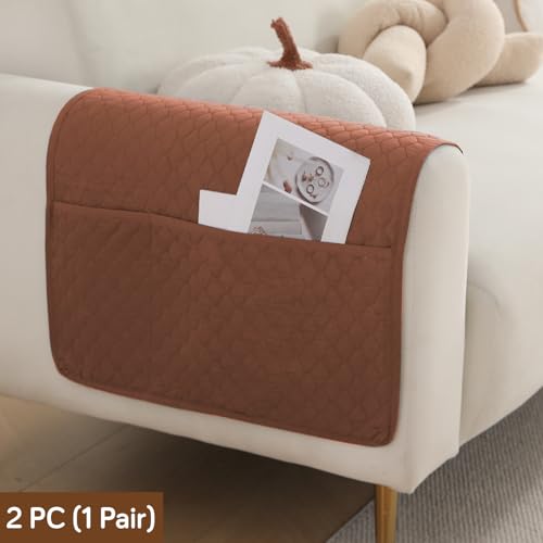 Image of HOKIPO Polyester Quilted Sofa Arm Cover With Pockets, Brown, Pack Of 2 (1 Pair) (In-787-Br*2)