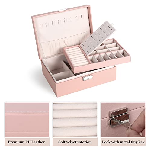 Jewelry Box For Women Girls,Jewelry Organizer Container With Lock,Pu Leather Storage Case With Removable Tray,Jewelry Display Holder For Necklaces Earrings Bracelets Rings Watches - Pink #TOP3
