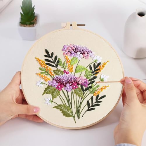 Image of HASTHIP Embroidery Kit for Beginners, Flower Canvas, 20cm Hoop Set | Guided Stitching Practice, Floral Canvas Design, Colour Yarns, Needles and Tutorial, Creative Home Craft Activity
