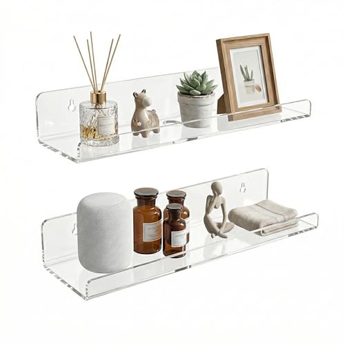 Image of Clear Acrylic Floating Shelves, No Drill Wall Shelves, 2 Pack | Clear Acrylic Design; 2 Pack Wall Shelves; Adhesive or Screw Mount; No Drill Option; 12 lb Max Load