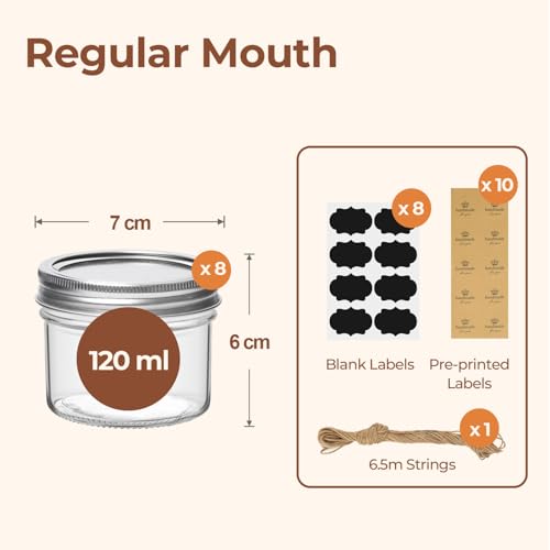 ComSaf Mini Mason Jars 120mL/4oz - 8 Pack, Small Glass Jars with Lids and Seal Bands, Small Glass Canning Jar, Jam Jars, Preserving Jars for Honey, Jelly, Dessert, Shower Wedding Favors, DIY Decor