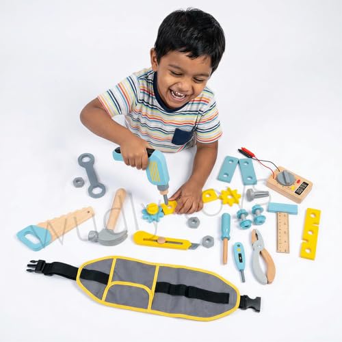 Image of Wudly Wooden Tool Kit with Belt Toy - Ideal Toys for 4 Year Boy, Construction Toys, Montessori Toys for 3 Year Old, Tool Kit for Kids, Wooden Toys for Kids 2 Years