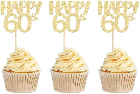 Gyufise 24Pcs Happy 60th Cupcake Toppers Glitter Number 60 Cupcak...