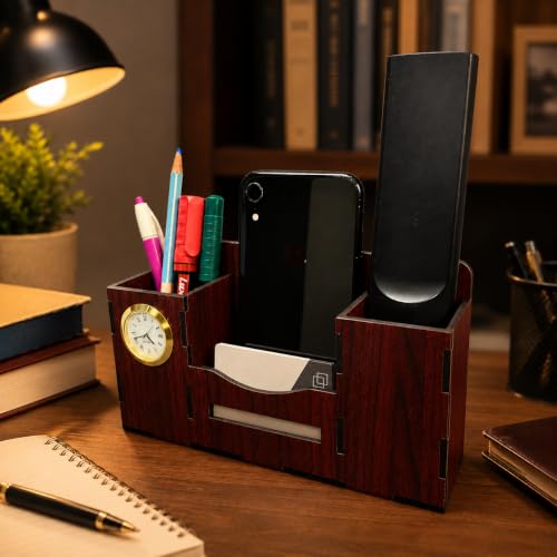 Image of Zesta Wooden Desk Organizer Pen Stand Remote Holder Card Slot | Table Accessory Office Desk Study Room | Pencil Storage Stand Stylish Workspace Decor (Rosewood, Organiser with Watch)