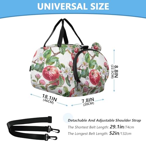 YETTASBIN Sport Travel Duffel Bag for Girls Boys, Apples Flower Large Waterproof Weekender Overnight Bag, Detachable Shoulder Strap Gym Bag with Shoe Compartment & Wet Pocket3