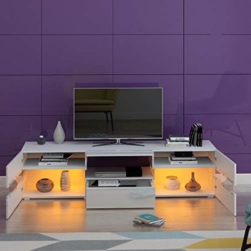 177CM Sideboard TV Unit Cabinet Stand TV Stand Television Stands TV Console Unit with Open Cubby and 2 Doors 2Drawers Big Storage Cabinets With 16 Color RGB LED Lights (White)