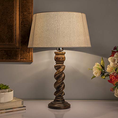 Image of Homesake Classic Twister Wooden Table Lamp with Fabric Shade | Handcrafted Bedside Lamp with E27 Holder| Bulb Included |Warm Light Night Lamp for Bedroom, Living Room, Study & Home Decor, Beige