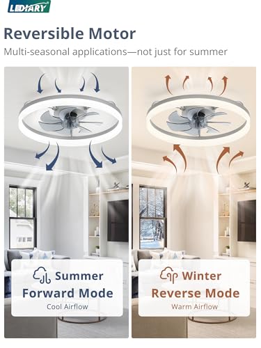 Image of LEDIARY Ceiling Fans with Lights, 20 inch Low Profile Flush Mount Ceiling Fan, Dimmable LED, APP & Remote Control, Quiet Reversible DC Motor, 6 Speeds, Fandelier for Bedroom, Grey