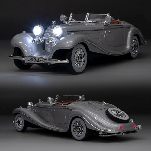 Image of 1:24 Benz 500K Toy Car Model, Diecast Collectible Pull Back Model Car with Sound and Light, Retro Classic Car Toy Gift Vehicles for Adults, Kids, Boys, and Girls (Silver)