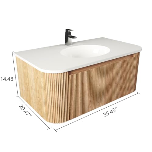 Image of 36 Inch Wall Mounted Bathroom Vanity with Ceramic Sink, Pre-Assembled Floating Vanity Cabinet with Marble Countertop, Wave Texture Finish & Drawer, Wood