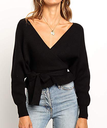 Image of ZESICA Women's Fall 2026 Wrap V Neck Long Batwing Sleeve Belted Waist Ruffle Knitted Sweater Pullover Top