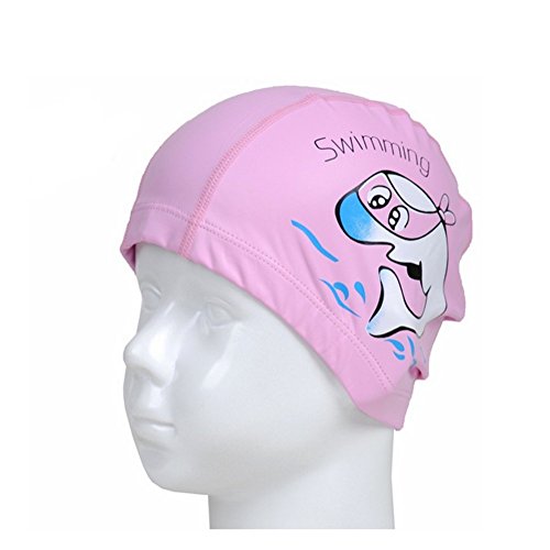 RETON Waterproof Kids Swimming Cap Breathable Ear Wrap Protection Children Swim Hat with PU Coating Cartoon Pattern, Pink