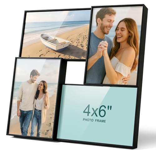 JingImage 6x4 Black Multi Photo Frames 4 Opening Collage Picture Frame for 4x6 inch Photos 10x15 cm Small Family Frames Plastic and Plexiglass Tabletop and Wall Mounting