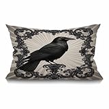 Smooffly Crow Throw Pillow Case Vintage Crow Black Flower Waist Lumbar Cotton Linen Cushion Cover Oblong Rectangle Pillowcase for Men Women Home Decorative Sofa Armchair Bedroom Livingroom 12x20 inch