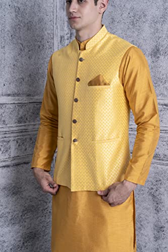 Image of Uri and MacKenzie Men's Silk Blend Regular Kurta Churidar Pyjama with Bundi Nehru Jacket /Waistcoat