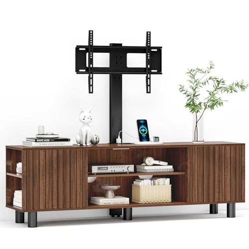 Lamtor TV-Stand with Mount and Power Outlet, Fluted TV Stand for 65 70 75 Inch TV, Entertainment...
