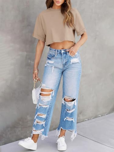 Image of Tankaneo Women Crop T-Shirts Half Sleeve Drop Shoulder Cropped Tops Y2K Casual Summer Basic Tees