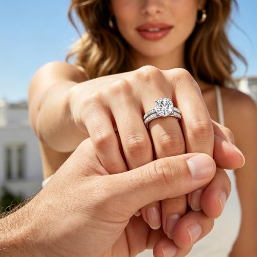 AONED Engagement Rings For Women Wedding Rings Fake Engagement Ring Set Travel 18K White Gold Plated Promise Rings For Her 3 Carat 3CT Round Cubic Zirconia CZ Bridal Ring Sets Cheap Band 2pcs, Size 6 by AONED - Image 3