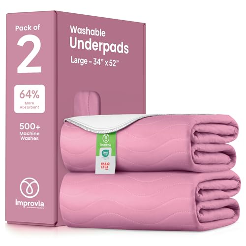 Image of IMPROVIA Washable Underpads, Heavy Absorbency Reusable Incontinence Pads for Kids, Adults, Elderly, and Pets, Waterproof Protection Floor (Pink and White, 34 inch x 52 inch - Pack of 2)