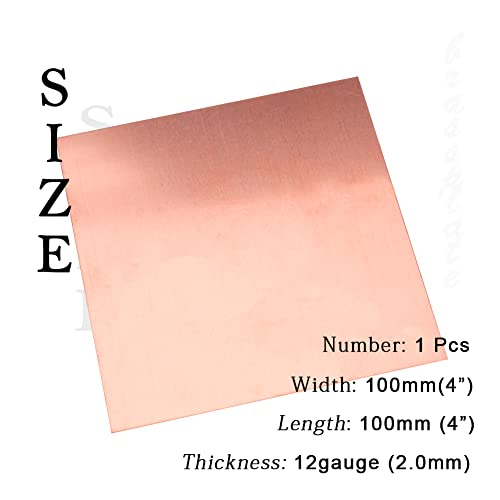 Tynulox Pure Copper Sheet 12 Gauge (2.0Mm) X 4" X 4", 1 Pcs, 110 Copper Plates For Jewelry, Crafts, Repairs, Electrical #TOP1
