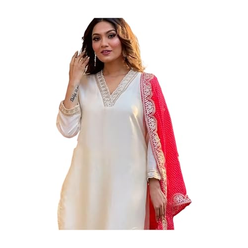 Image of Shiv Textiles Women's Chanderi Silk Embroidered Kurta Pant Dupatta Set(JDA-PANCHHI-OFFWHITE-M)