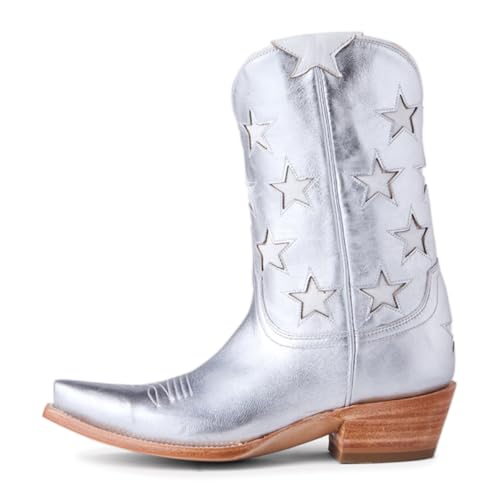 FYS Women's Pointed Toe Ankle Boots Stacked Block Low Heel Booties Fashion Stars Pull on Casual Cowboy Shoes Size 4-16 US