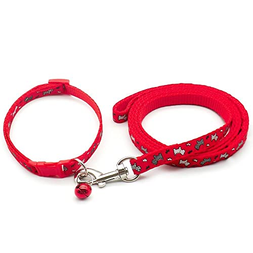 Small Dog Puppy Pet Collar and Lead Set Scotty Dogprint Design Nylon Adjustable Size 19-32cm Collar with Bell and 120cm Leash Red - Image 2