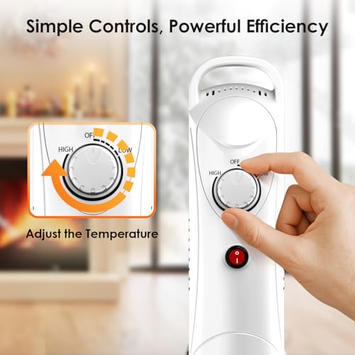 Air Choice Oil Heaters for Indoor Use, 700W Radiator Heater, Overheat Protection, Silent Operation, Adjustable Thermostat with 2 Heat Settings, Compact Electric Heater for Bedroom Office Desk, White - Thumbnail 4