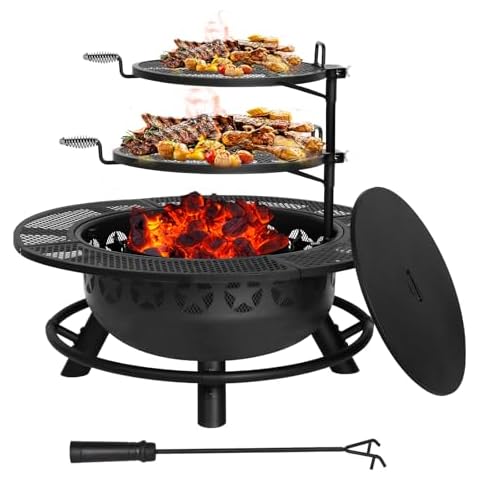 Hykolity 35 Inch Fire Pit with 2 Cooking Grate & Charcoal Pan, Outdoor Wood Burning BBQ Grill Firepit Bowl with Cover Lid, Steel Round Table for Backyard Bonfire Patio Picnic Cover