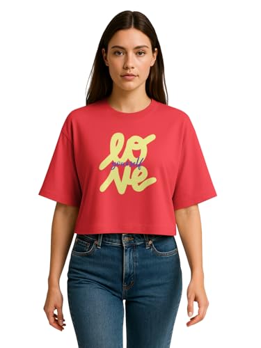 Image of HELLCAT Beige Printed Loose Fit Crew-Neck Crop T-Shirt for Women