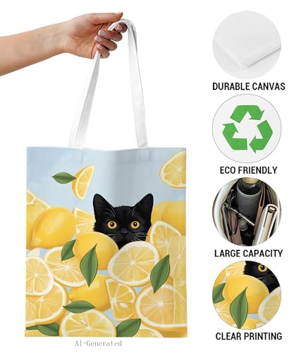 Image of Cute Cat Canvas Tote Bag for Women， Aesthetic Reusable Shoulder Bag for Shopping Travel Work