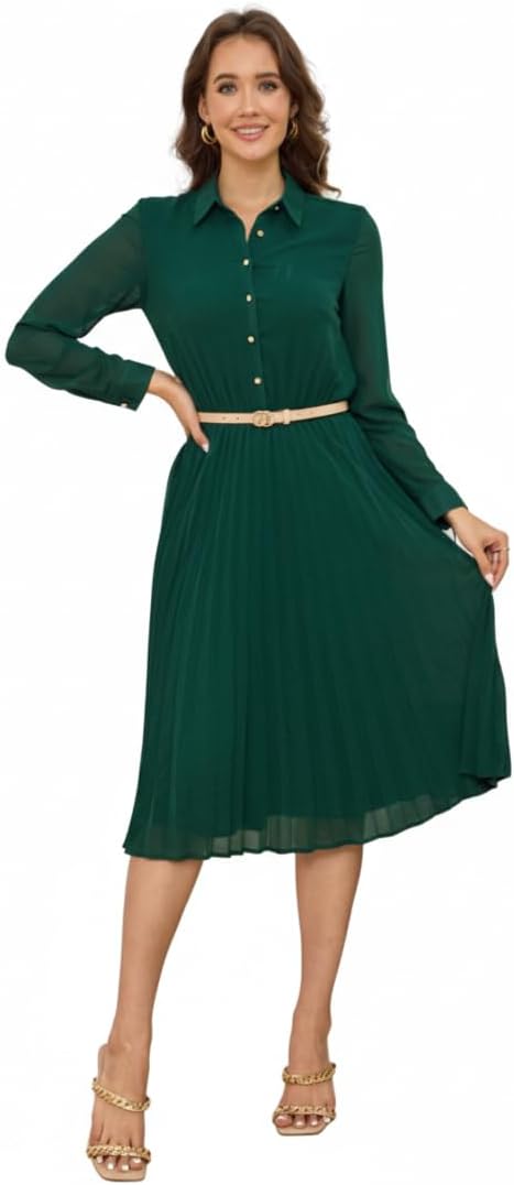 Business Casual Shirt Dress for Women Long Sleeves Pleated Midi Dresses with Belt