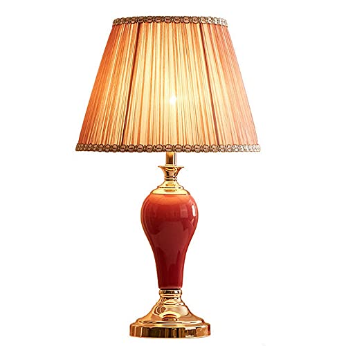 SDFDSSR 55 × 33 cm Chinesischen Amerikanischen Landhausstil Rote Keramik Tischlampen Für Schlafzimmer Wohnzimmer Hochzeitszimmer Schlafzimmer Nachttischlampe Mit Stoff Lampenschirm Cover
