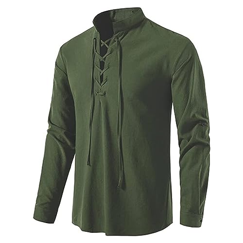 Men's Linen Cotton Retro Lace Up Shirt Long Sleeve V Neck Medieval Top Casual Pullover Henley Shirt2