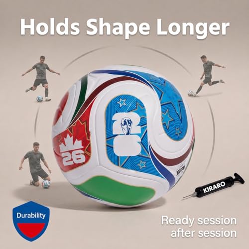 Image of Official Size 5 Soccer Ball with Free Pump & Pin | Premium PU Leather Football with Excellent Air Retention | Durable Training & Match Ball for Kids, Youth & Adults (Qatar Blue)
