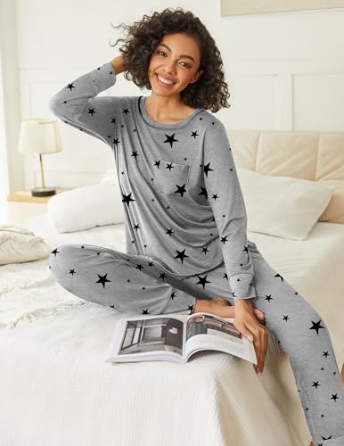 Image of Ekouaer 2 Pack Womens Pajama Sets Long Sleeve Lounge Sets Soft Pj Sleepwear Loungewear