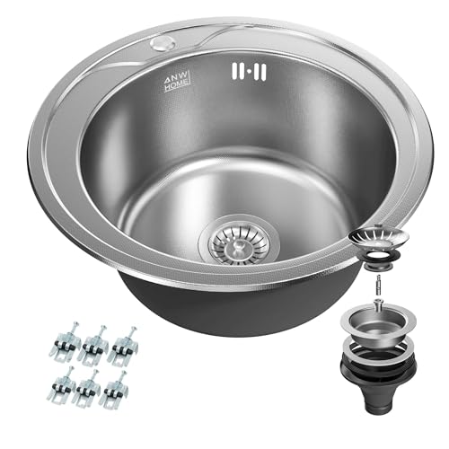 ANW HOME Fregadero redondo cocina Ø49 cm acero inoxidable con sifón modelo encastrable cubeta circular microtextura diseño moderno