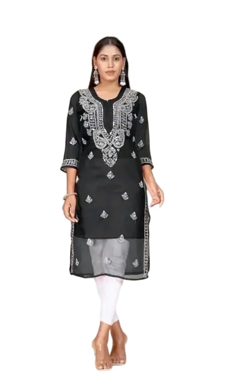 Lucknowi Chikankari Black Long Kurti for Women | Cotton Embroidery Kurta | Comfortable Ethnic Use_36-image-45