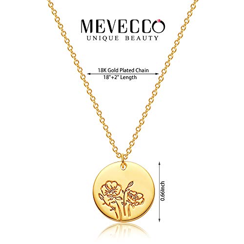 image for Mevecco Birth Flower Necklace 18k Gold Engraved Custom Floral Pendant 