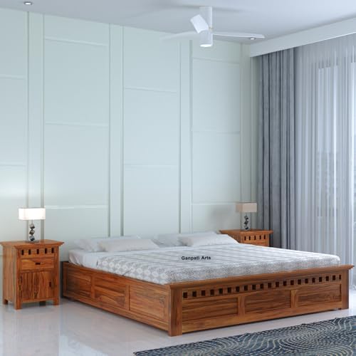Image of Ganpati Arts Armania Solid Sheesham Wood Queen Size Bed with Box Storage Without Headboard Wooden Double Bed Cot Palang Furniture for Bedroom Living Room Home (Natural Finish)